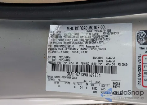 2009 Ford Fusion Se z USA, uszkodzony, nr VIN 3FAHP07139R169154
